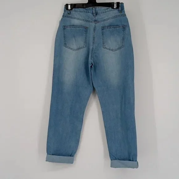 Blue High Waist Distressed Ripped Cuffed Boyfriend Jeans Denim Pants - Picture 13 of 16